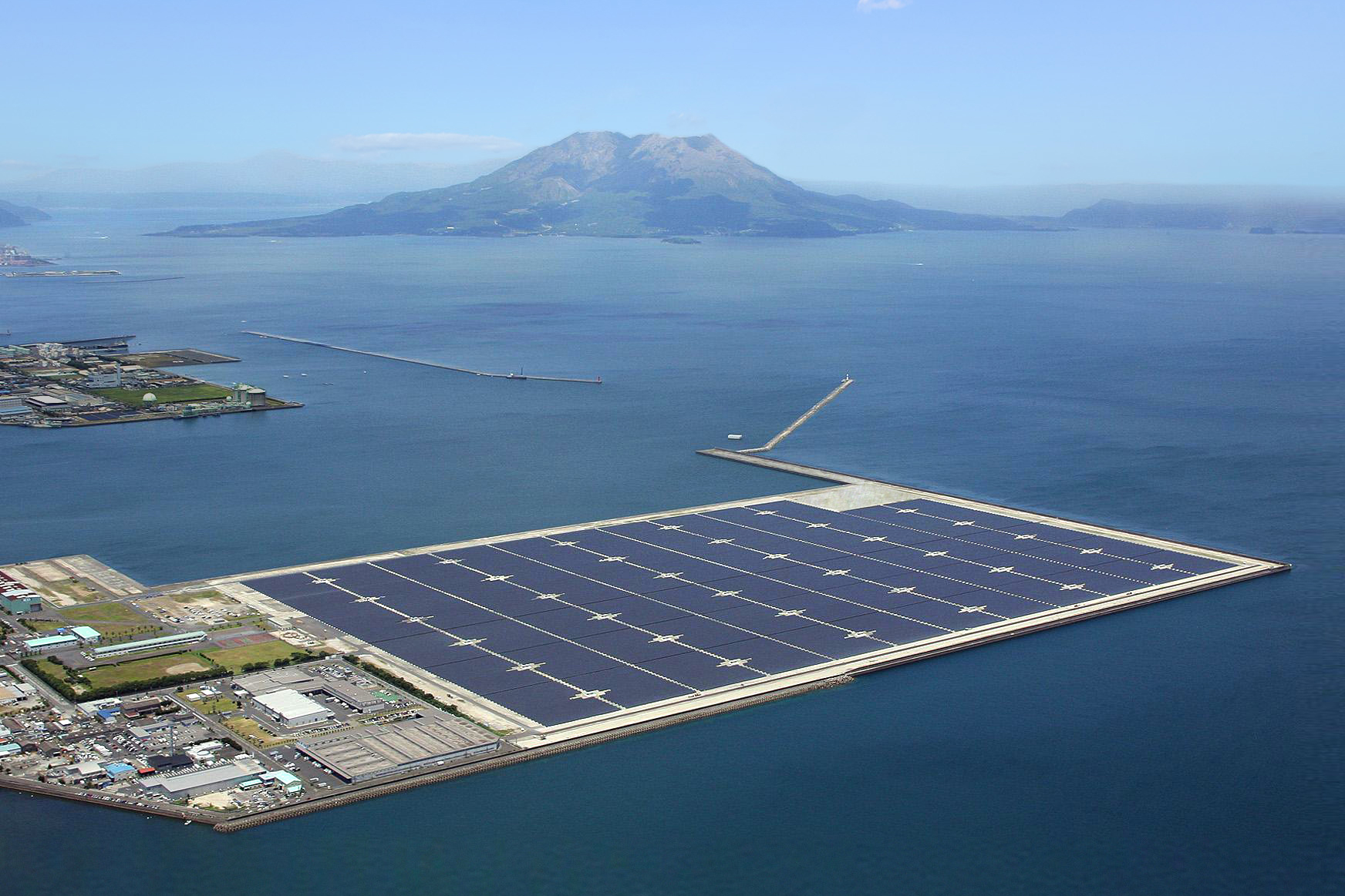 Kyocera solar power plant and Mt. Sakurajima